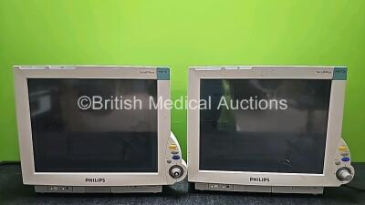 2 x Philips IntelliVue M8007A MP70 Touch Screen Patient Monitors Software Revision G.01.67 / G.01.80 (Both Power Up, 1 x Missing Dial, 1 x Cracked Casing and 1 x Scratched Screen - See Photos)