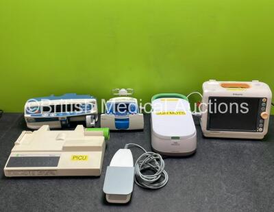 Mixed Lot Including 1 x Philips SureSigns VM4 Patient Monitor (Powers Up with Missing Badge - See Photos) 1 x Philips Respironics InnoSpire Deluxe Nebuliser, 1 x Nouvag Footswitch (Damaged Cable - See Photos) 1 x Fresenius Kabi Pump Base, 1 x Fresenius Ka