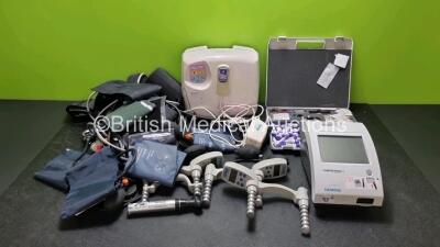 Mixed Lot Including 1 x Mangar Airflo Compressor with Remote and Recharger, 1 x CardioChek P-A Diagnostic Unit, 1 x Siemens Clinitek Status+ Analyzer, 3 x Jamar Plus Force Tester (2 x Missing Grips) 1 x Keeler Otoscope and Various BP Cuffs and Gauges