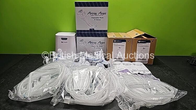 Mixed Lot Including 1 x SoClean CPAP Sanitizing Equipment Unit, 34 x Airtraq Avant Disposable Blade & Eyecup Size 3 *Expired*, 40 x Optiflow+ Tracheostomy Direct Connections,10 x Drager VentStar Mri (3 x in Photo - 10 x in Total) and Consumables *Expired*