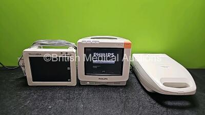 Mixed Lot Including 1 x Welch Allyn Propaq CS Patient Monitor Model 242 with ECG Lead, 1 x Philips IntelliVue MP5 Patient Monitor with NBP, SPO2 and ECG / Resp Options (Powers Up, Missing Battery and Damaged Casing - See Photos) and 1 x Philips Respironi