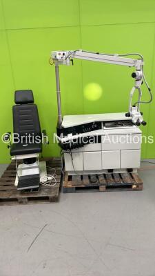 Entermed Ergonomic 400 ENT Workstation with Leica WILD M715 Microscope with Binoculars, 2 x 10x Eyepieces, f=250mm Lens, Handpieces, intralux mr2 Light Source and Ophthalmic Chair (All Powers Up) *S/N 9062033* **WOK**