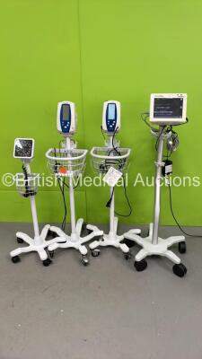 1 x Welch Allyn ProPaq Cs Patient Monitor on Stand, 2 x Welch Allyn SPOT Vital Signs Monitor on Stand and 1 x Welch Allyn Blood Pressure Meter on Stand (All Power Up)