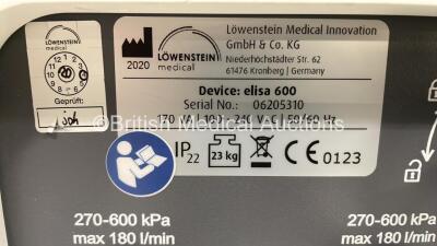 Lowenstein Medical elisa 600 Ventilator Software Version 1.11.0 - Operating Hours 2 on Stand with Hoses (Powers Up) *S/N 06205310 **Mfd 2020** - 5