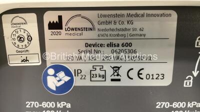 Lowenstein Medical elisa 600 Ventilator Software Version 1.11.0 - Operating Hours 3 on Stand with Hoses (Powers Up) *S/N 06205306* **Mfd 2020** - 5