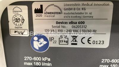 Lowenstein Medical elisa 600 Ventilator Software Version 1.11.1 - Operating Hours 1 on Stand with Hoses (Powers Up) *S/N 06205312* **Mfd 2020** - 5