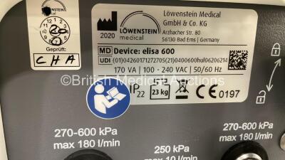 Lowenstein Medical elisa 600 Ventilator Software Version 1.11.0 - Operating Hours 5 on Stand with Hoses (Powers Up) *S/N (01)04260171272705(21)0400600hul06206214* **Mfd 2020** - 5