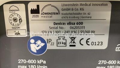 Lowenstein Medical elisa 600 Ventilator Software Version 1.11.0 - Operating Hours 0 on Stand with Hoses (Powers Up) *S/N 06205311* **Mfd 2020** - 5