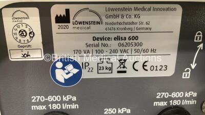 Lowenstein Medical elisa 600 Ventilator Software Version 1.11.0 - Operating Hours 4 on Stand with Hoses (Powers Up) *S/N 06205300* **Mfd 2020** - 5