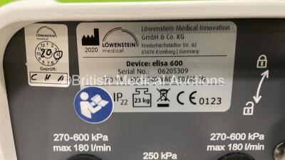 Lowenstein Medical elisa 600 Ventilator Software Version 1.11.0 - Operating Hours 1 on Stand with Hoses (Powers Up) *S/N 06205309* **Mfd 2020** - 5