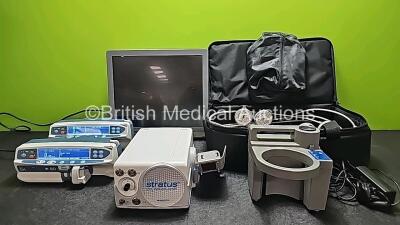 Mixed Lot Including 1 x Galil Medical Regulator Set in Carry Bag, 1 x DeVilbiss Homecare Suction Unit in Carry Bag, 2 x CareFusion Alaris GH Guardrails Plus BD Syringe Pumps *Mfd 2020* (Both Power Up), 1 x Olympus OEV191H HD LCD Monitor and 1 x Medivators