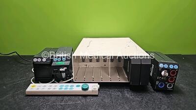 1 x GE Datex-Ohmeda Module Type F-CU8..9 Rack (Powers Up) with 1 x GE M-REC..03 Module, 1 x GE M-CAVIOV..03 Spirometry Module, 1 x GE M-NESTPR..01 Module with NIBP, P1, P2, T1, T2, ECG+Resp and SpO2 Options and 1 x GE Controller (Damaged Button - See Phot