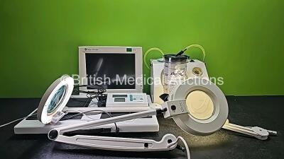 Mixed Lot Including 1 x GE Datex Ohmeda D-LCC19-02 Monitor, 1 x Eschmann VP25 Suction Unit with 1 x Cup (Powers Up), 1 x Marsden Scale DP3810/M-530, 1 x Daylight Examination Light (Powers Up) and 1 x Brandon Medical Patient Examination Lamp (Powers Up)