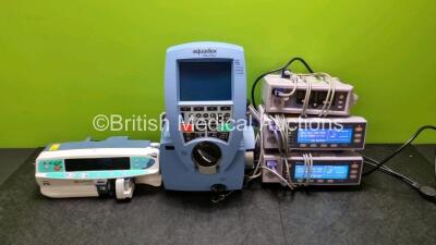 Mixed Lot Including 1 x Carefusion Alaris PK Syringe Pump (Powers Up) 2 x Nellcor N-600x OxiMax Pulse Oximeters (Both Power Up) 1 x Nellcor N-550 Pulse Oximeter and 1 x Aquade Flex Flow *SN PA1031201353 / 800510145 / G14802340 / G13801381*