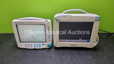 Job Lot Including 1 x Philips IntelliVue MP50 Patient Monitor (Powers Up Damage to Casing - See Photo) and 1 x Datex Ohmeda Patient Monitor (Powers Up with Faulty Screen and Damage to Casing - See Photo)