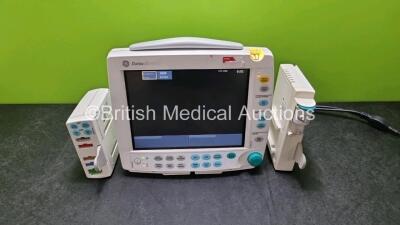 GE Datex-Ohmeda F-FM-01 Patient Monitor (Powers Up, Missing Light Casing) with 1 x GE E-PSMP-00 Module Including ECG, SpO2, NIBP, P1, P2, T1 and T2 Options and 1 x GE Type N-FC-00 Module with Mini D-fend Water Trap