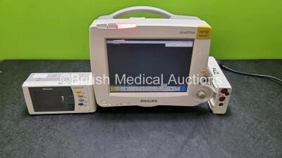 Philips IntelliVue MP30 Patient Monitor (Powers Up, Small Crack In Casing - See Photo) with 1 x Philips M3012A Module Including Press,Temp,Press and Temp Options *Mfd 2010* and 1 x Philips IntelliVue X2 Handheld Patient Monitor (Powers Up) Including ECG, 