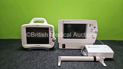 Job Lot Including 1 x GE Dash 3000 Patient Monitor Including ECG, CO2, NBP, BP1, BP2, SpO2 and Temp/CO Options (Untested, Missing Part, Cracked Casing and Missing Batteries - See Photos) and 1 x GE Datex Ohmeda F-LM1-03 Monitor with ECG, SpO2, NIBP and Pr