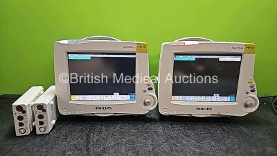 2 x Philips IntelliVue MP30 Patient Monitors with 2 x Philips M3001A Module Including ECG, SpO2, NBP, Press and Temp Options (Both Power Up)