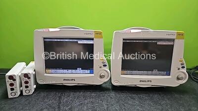 2 x Philips IntelliVue MP30 Patient Monitors with 2 x Philips M3001A Module Including ECG, SpO2, NBP, Press and Temp Options (Both Power Up and 2 x Damaged/Cracked Casing - See Photos)