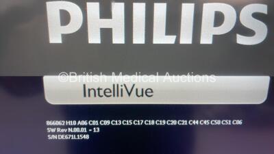 Philips MX450 Patient Monitor on Stand with Philips IntelliVue X2 Patient Monitor with Press, Temp, NBP, SPO2, ECG and ECG/Resp Options and Selection of Leads (Powers Up) *S/N DE315F2941 / DE671L1548* - 2