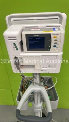 Philips MX450 Patient Monitor on Stand with Philips IntelliVue X2 Patient Monitor with Press, Temp, NBP, SPO2, ECG and ECG/Resp Options and Selection of Leads (Powers Up) *S/N DE315F2941 / DE671L1548* - 4