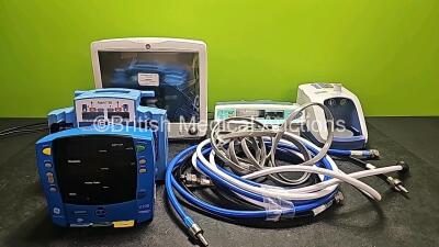 Mixed Lot Including 1 x GE Carescape B650 Patient Monitor (Damaged Screen - See Photo), 1 x CareFusion Alaris PK Syringe Pump (Powers Up), 1 x Fisher & Paykel Airvo 2 Respiratory Humidifier Unit (Powers Up with Fault), 1 x GE Carescape Dinamap V100 (Loose