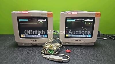 2 x Philips IntelliVue MP5 Patient Monitors with NBP, SPO2 and ECG / Resp Options and 1 x 4 Leads ECG Lead (Power Up, Damaged Leads, Both Damaged and Cracked Casing - See Photos) *SN DE21051742 / DE50187216*