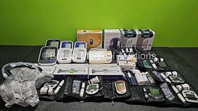 Mixed Lot Including 7 x Omron BP Digital Monitor (1 x Missing Battery Cover), 3 x Trulicity Dulaglutide Once-Weekly Injection Demonstration Pens, 5 x Medical Goggles and Various Glucose Monitors with Accessories in Bags *SN 20160702277VG / 20160702220VG /