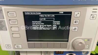 Drager Fabius Tiro Anaesthesia Machine Software Version 3.37b - Total Running Hours 5004 - Total Ventilator Hours 27 with GE Carescape B650 Patient Monitor with E-PSMP-01 Multiparameter Module with NIBP, P1, P2, T1, T2, SPO2 and ECG Options, E-sCAiO Gas M - 2