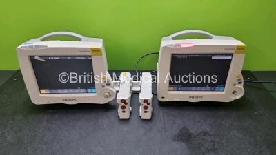 Job Lot Including 2 x Philips IntelliVue MP30 Patient Monitors (Both Powers Up, 1 x with Damaged Power Button and Missing Dial) and 2 x Philips M3012A Module Including Press,Temp,Press and Temp Options