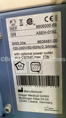 Drager Fabius Tiro Anaesthesia Machine Software Version 3.37b - Total Running Hours 5464 - Total Ventilator Hours 74 with GE B650 Monitor with GE Type E-PSMP-01 Module, E-sCAiO Gas Module with D-Fend Pro Water Trap,Bellows and Hoses (Powers Up) *S/N ASEH- - 8