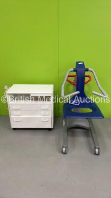 1 x Arjo Alenti Chair Lift with Battery and Controller (Powers Up) and 1 x Mobile Drawer Cart with Various Consumables (Damage to Rear Power Supply - See Photo)