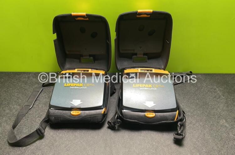 2 x Medtronic / Physio Control Lifepak CR Plus Defibrillators (Both Power Up) with 2 x Electrode Packs *Both Expired* in Carry Cases