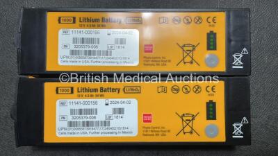 2 x Medtronic Physio Control Lifepak 1000 Defibrillators (Both Power Up with Cracks in Casing - See Photos) with 2 x 3 Lead ECG Leads, 3 x Electrode Packs (All in Date) and 2 x Batteries *Install Before 2024 / 2024* - 9