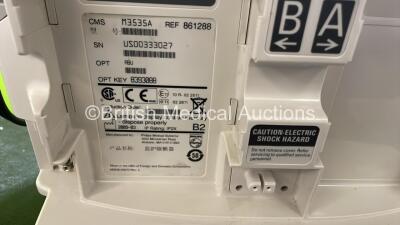 2 x Philips Heartstart MRx Defibrillators / Monitors Including ECG, and Printer Options (Both Power Up) with 2 x Philips M3725A Test Loads, 2 x Paddle Leads and 2 x Philips M3539A Modules - 9