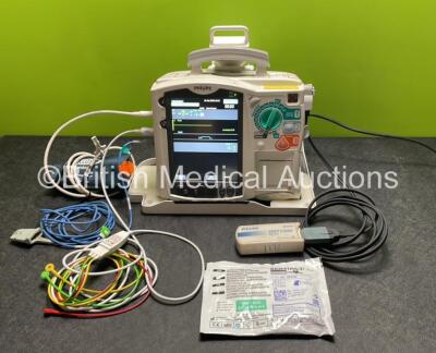 Philips Heartstart MRx Defibrillator / Monitor Including Pacer, ECG, SpO2, NIBP, BP1, BP2, Temp, CO2 and Printer Options with 1 x M3725A Test Load, 1 x Paddle Lead, 1 x Philips M3539A Module, 1 x Philips M3538A Battery, 1 x 3 Lead ECG Lead, 1 x SpO2 Finge