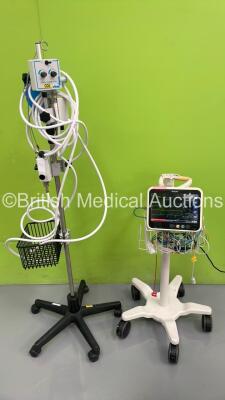 3 x Vital Signs Vital Flow 100 Regulators on Stand with Hoses and 1 x Philips Efficia CM100 Patient Monitor on Stand with Selection of Cables (Powers Up - Damaged Screen) *S/N CN92352499*