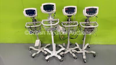 4 x Welch Allyn 53N00 Vital Signs Monitors on Stands with 3 x Power Supplies (All Power Up)