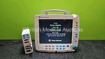 GE Datex Ohmeda S/5 FM Patient Monitor with 1 x GE E-PSMP-00 Module Including ECG, SpO2, NIBP, P1, P2, T1 and T2 Options (Powers Up and 2 x Missing Batteries - See Photo)