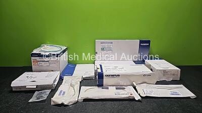 Job Lot of Medical Consumables Including Olympus Disposable Biopsy Forceps Ref FB-220U, Olympus Disposable Grasping Forceps FG-402Q, Olympus Single Use Suction Valves MAJ-209, Olympus Burr Diamond Bullet Ref BUR3015DB, Olympus Single Use Mechanical Lithot