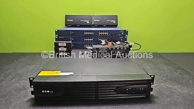 Job Lot Including 3 x Netgear ProSafe 16 Port Gigabit Smart Switches GS716T, 1 x Eaton 5130 UPS (Powers Up), 3 x VGA over CatS Video Extenders, 2 x Aten ProXime PS/2 KVM Extender and 1 x Captec DC Power Distribution Unit