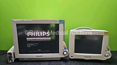 Mixed Lot Including 1 x Philips IntelliVue MP30 Patient Monitor (Damaged - See Photos) and 1 x Philips IntelliVue MP70 Patient Monitor with 1 x Philips M3001A Opt A01C06 Module Including ECG, SpO2, NBP, Press and Temp Options (Powers Up, Scratched Screen 