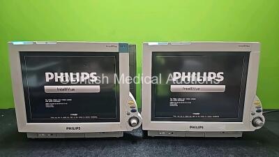 2 x Philips IntelliVue MP70 Patient Monitors (Both Power Up and Both Damaged Casings - See Photos) *SN DE1747260 / DE1747261*