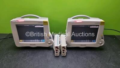 2 x Philips IntelliVue MP30 Patient Monitors (Both Power Up) with 2 x Philips M3001A Modules Including ECG, SpO2, NBP, Press and Temp Options *SN DE4200DRWR / DE717N3512 / DE72848555 / DE72848550*