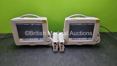 2 x Philips IntelliVue MP30 Patient Monitors (Both Power Up) with 2 x Philips M3001A Modules Including ECG, SpO2, NBP, Press and Temp Options *SN DE717N3387 / DE717N3518 / DE72848547 / DE72848627*