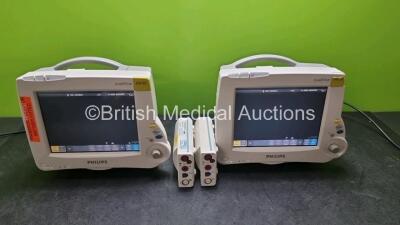 2 x Philips IntelliVue MP30 Patient Monitors (Both Power Up) with 2 x Philips M3001A Modules Including ECG, SpO2, NBP, Press and Temp Options *SN DE717N3338 / DE717N3339 / DE728485436 / DE72848544*