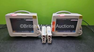 2 x Philips IntelliVue MP30 Patient Monitors (Both Power Up) with 2 x Philips M3001A Modules Including ECG, SpO2, NBP, Press and Temp Options *SN DE22743328 / DE717N3464 / DE72848554 / DE72848558*