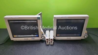 2 x Philips IntelliVue MP70 Patient Monitors (Both Power Up) with 2 x Philips M3001A Modules Including ECG, SpO2, NBP, Press and Temp Options *SN DE717M4031 / DE717L2880 / DE6170378 / DE44028293*