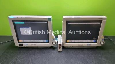 2 x Philips IntelliVue MP70 Patient Monitors (Both Power Up) with 1 x Philips M3012A Modules Including Press, Temp Press and Temp Options *SN DE34720030 / DE22703220 / DE61750374*